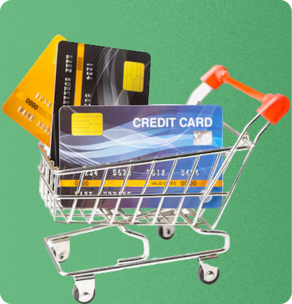 Credit cards in a mini shopping cart symbolizing online shopping and financial activity