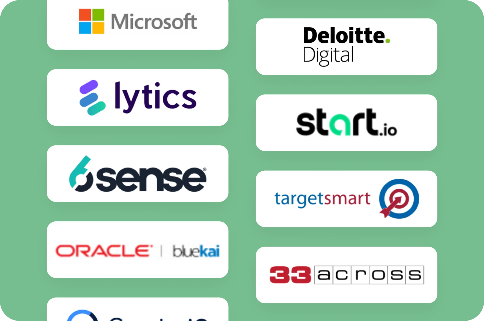 Brands like Microsoft, Deloitte Digital, and Oracle feature in a visual montage against a green backdrop