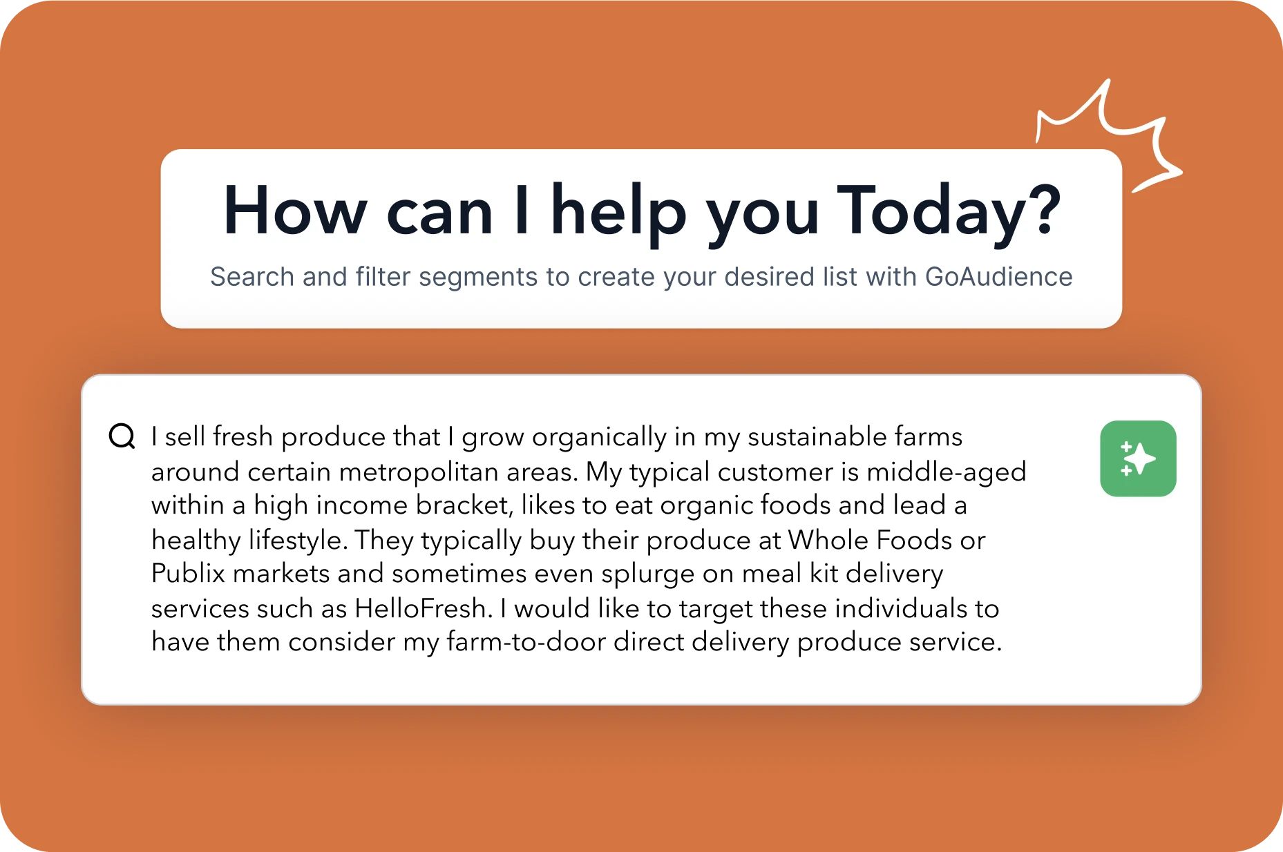 GoAudience search interface asking “How can I help you today?” with an example query about targeting high-income